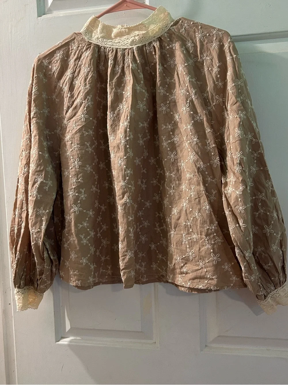 Zara Beige Floral Embroidered Lace-Neck Blouse